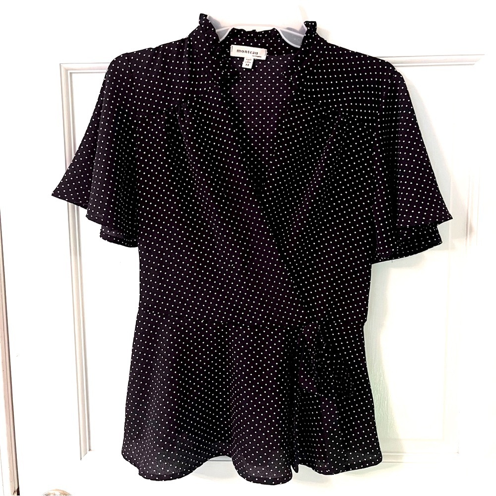 MONTEAU Black & White Polkadot Wrap Peplum Short-Sleeve Blouse